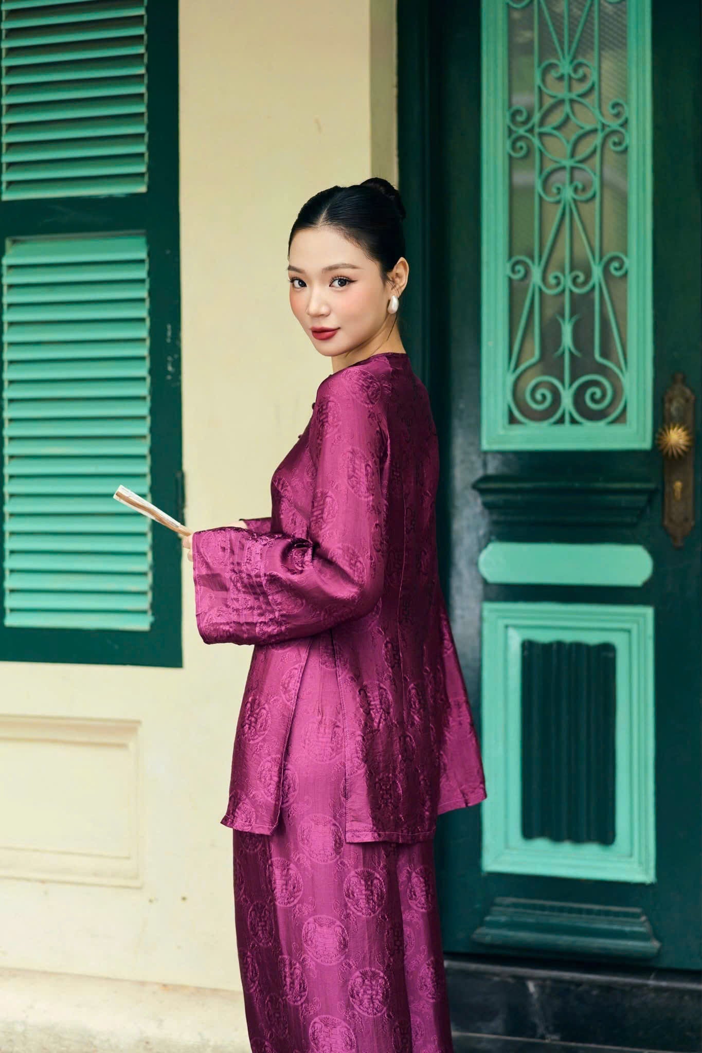 BB163 3804 - Set bà ba lụa nha xá thọ dơi màu tím cẩm