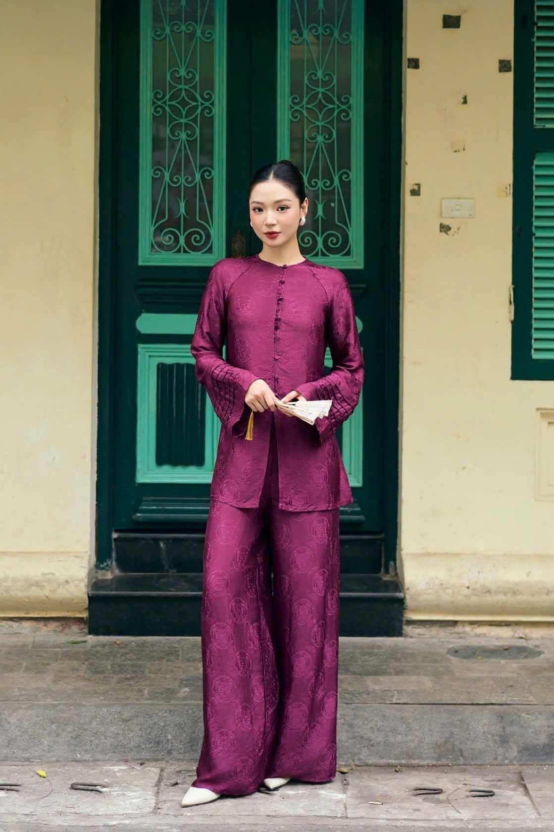 BB163 3804 - Set bà ba lụa nha xá thọ dơi màu tím cẩm