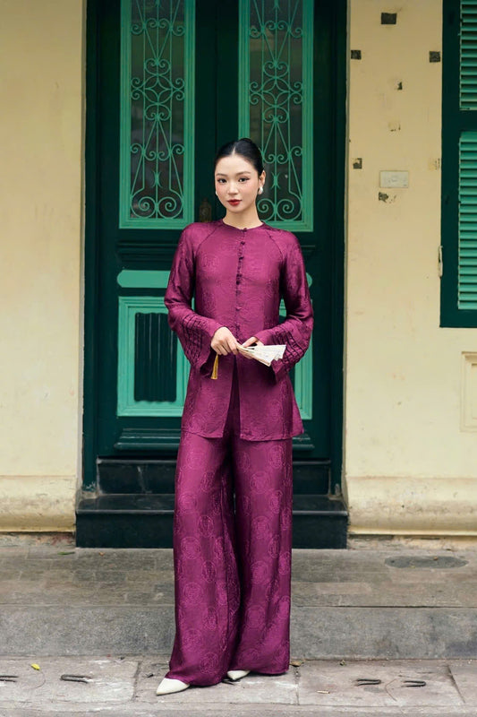 BB163 4250 - Set bà ba lụa nha xá thọ dơi màu tím cẩm