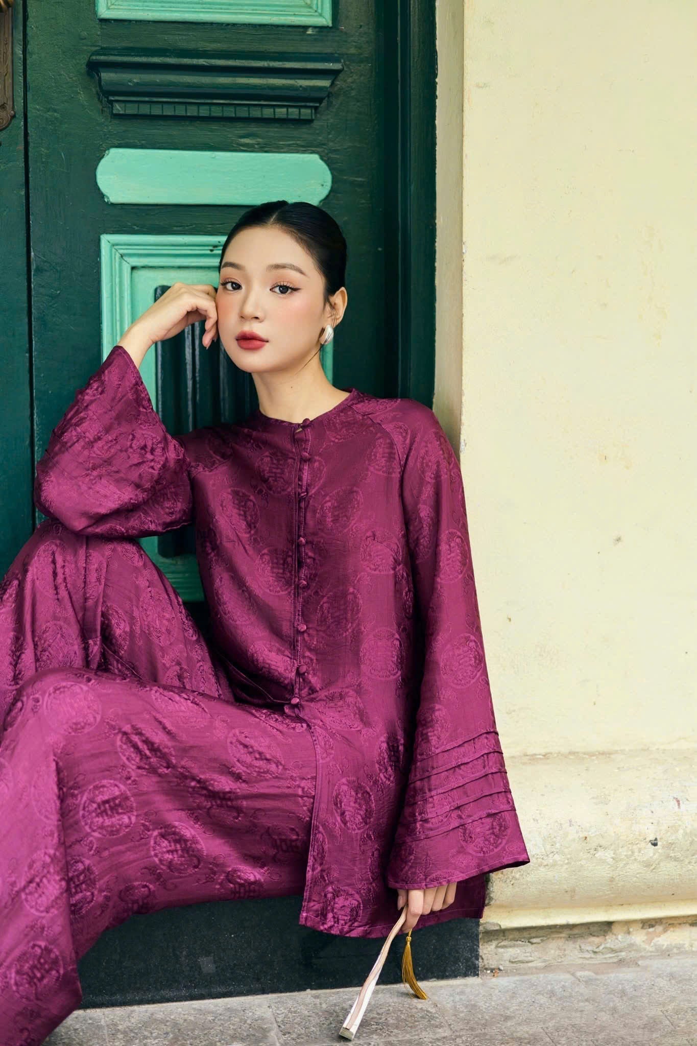 BB163 3804 - Set bà ba lụa nha xá thọ dơi màu tím cẩm