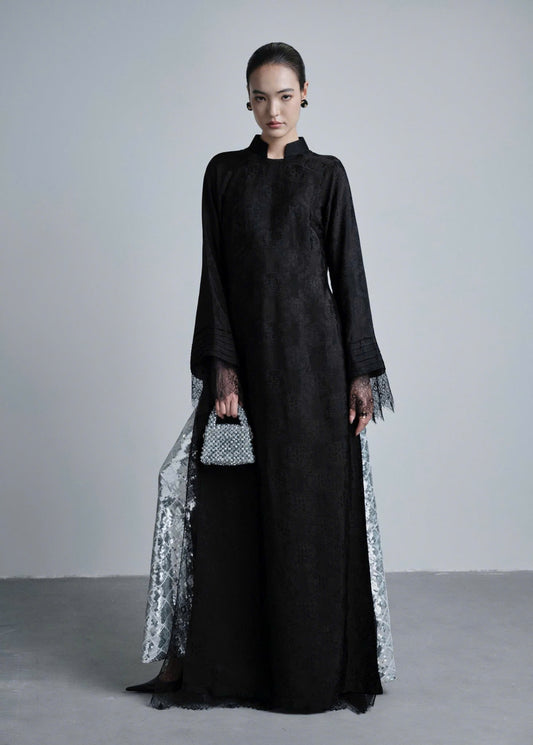 HD125 3814 Áo + quần sequin bạc - Áo dài lụa nha xá dáng suông 4 tà lót ren màu đen