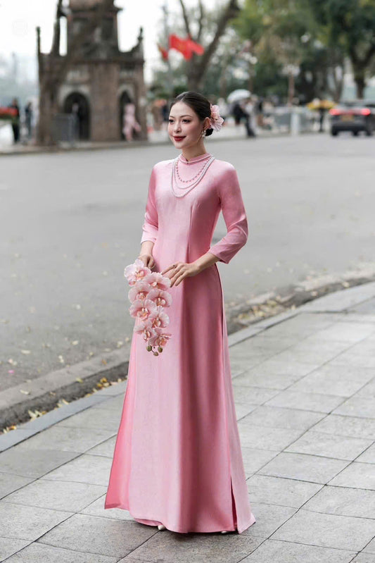 H691 3816 Áo only no pants - Áo dài lụa hà lan trơn màu hồng đỗ