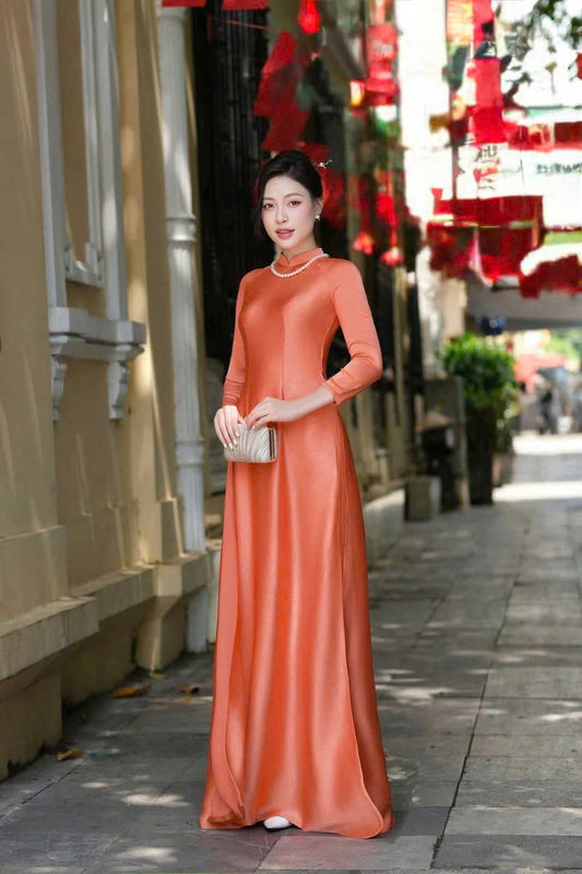 H692 3817 Áo only no pants - Áo dài lụa hà lan trơn màu cam