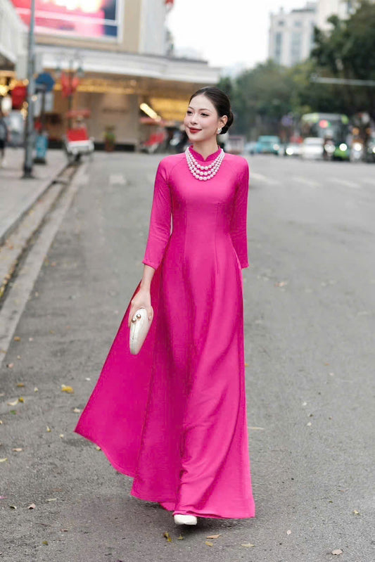 H690 3815 Áo only no pants - Áo dài lụa hà lan trơn màu hồng sen