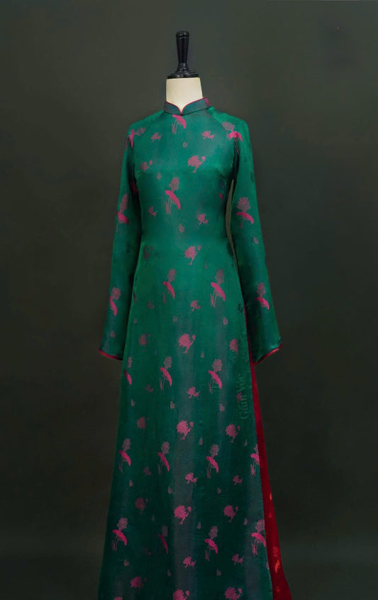 HD1251 3835 Áo + quần nha xá - Áo dài dáng suông 2 tà lụa nha xá màu xanh lá