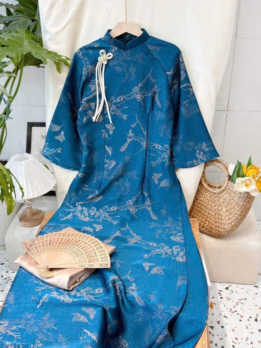 H708 3890 Áo only no pants - Áo dài dáng truyền thống chiết li eo lụa hà lan màu xanh dương