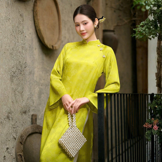 H697 Áo only no pants - Áo dài dáng suông 2 tà lụa thanh yên màu cốm