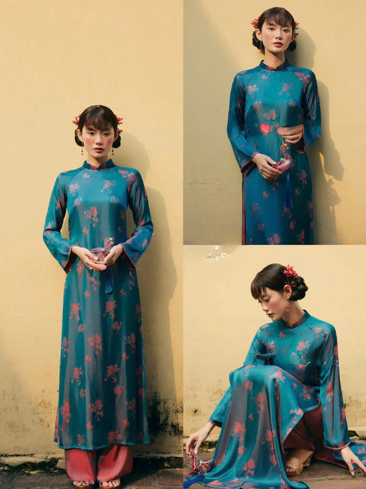 H696 Áo only no pants - Áo dài dáng suông 2 tà lụa gấm 2 da tuyết mai màu xanh coban