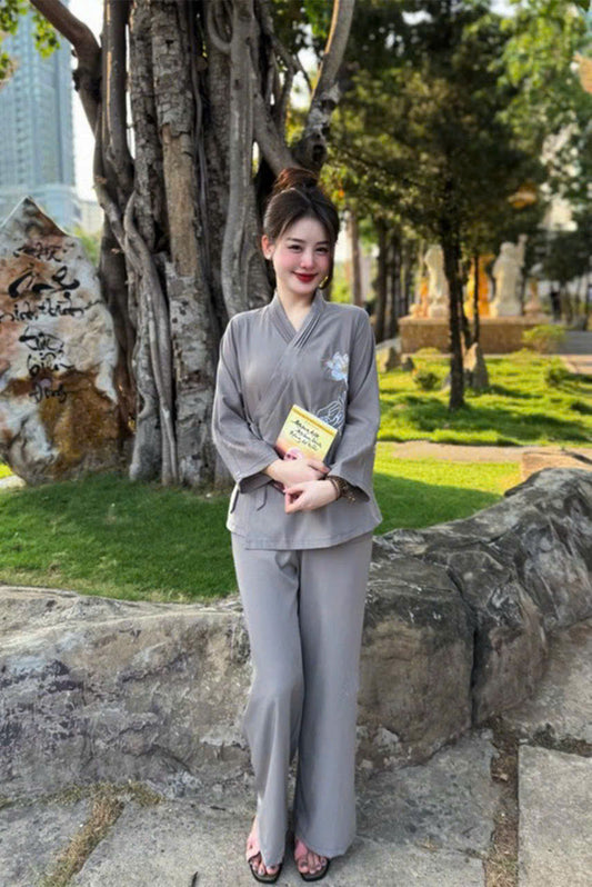 PP03 3903 - Set pháp phục thêu hoa sen màu xám