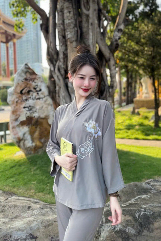 PP03 3903 - Set pháp phục thêu hoa sen màu xám