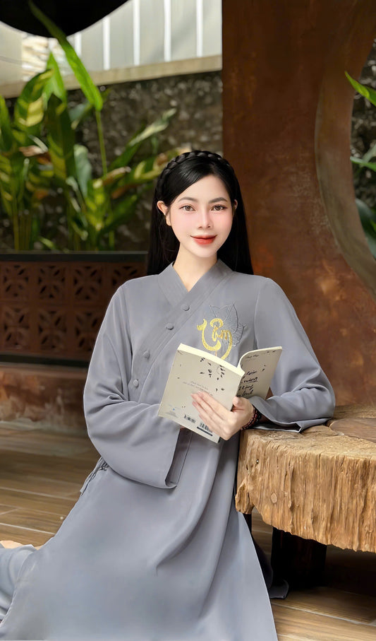 PP02 3904 - Set pháp phục thêu bồ đề chữ Tâm màu xám