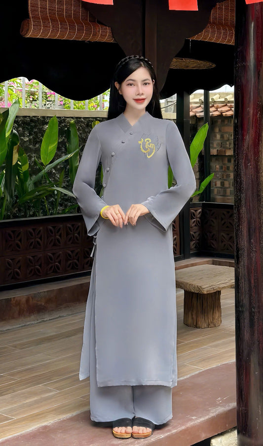 PP02 3904 - Set pháp phục thêu bồ đề chữ Tâm màu xám