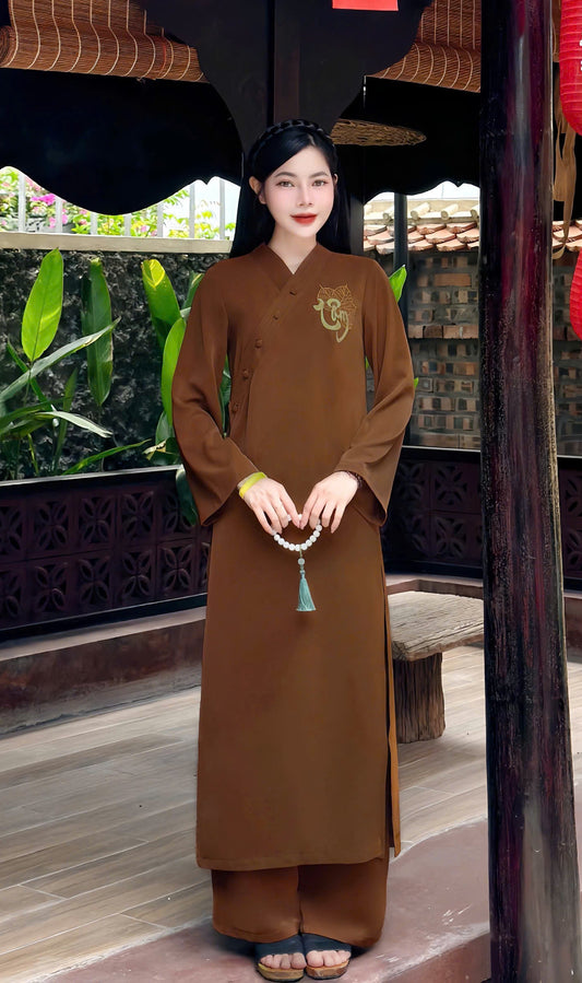 PP01 3905 - Set pháp phục thêu bồ đề chữ Tâm màu nâu