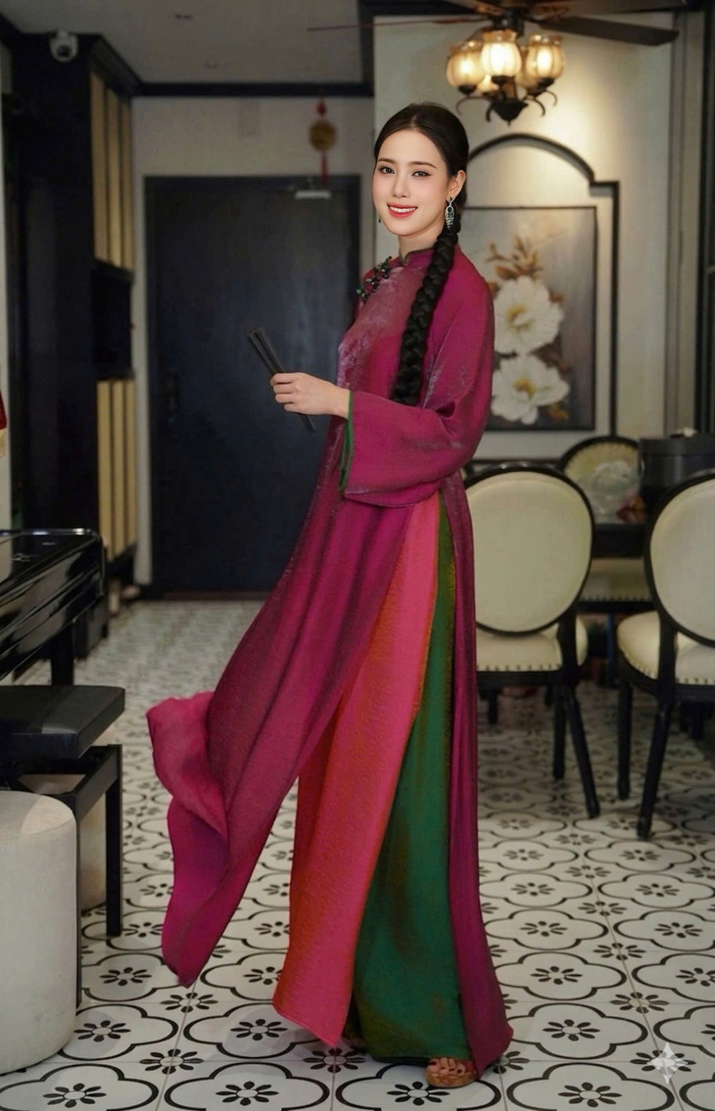 M560 Áo + quần tằm tencel - Áo dài dáng suông 4 tà lụa tằm ánh kim tencel