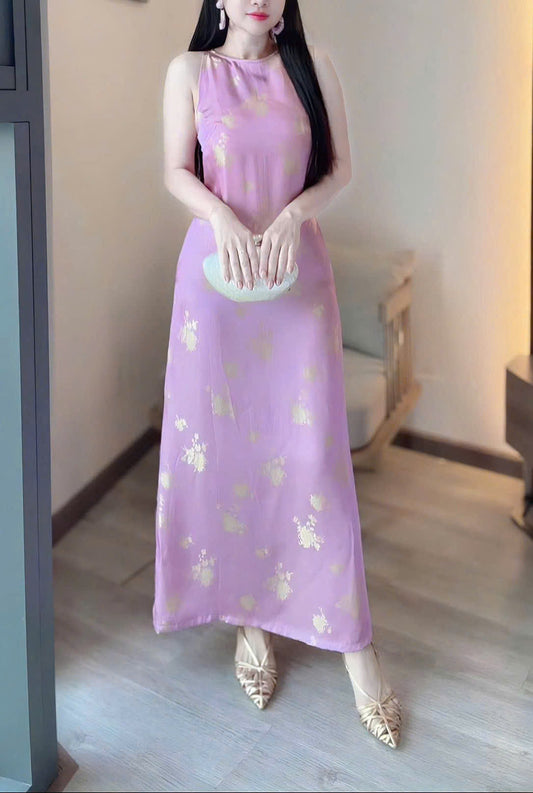 V02 - Đầm dài lụa tằm thiên cúc 2 da màu tím cà