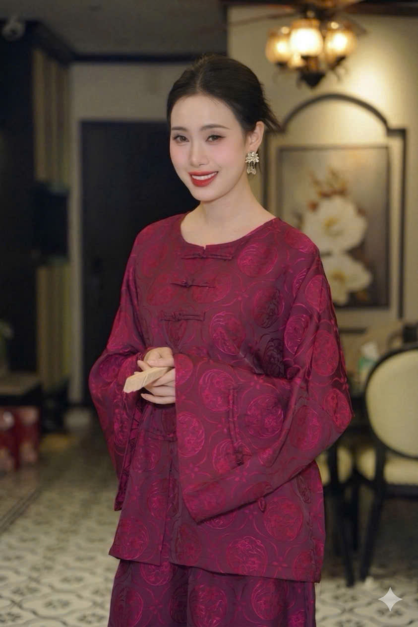 BB179 3913 quần ống rộng - Set bà ba lụa tằm hoa thuỷ tiên màu tím cẩm