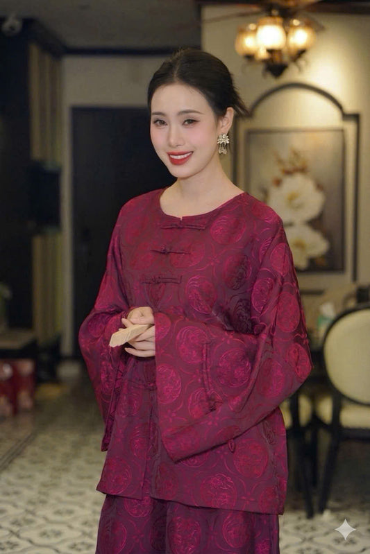 BB179 3913 quần ống rộng - Set bà ba lụa tằm hoa thuỷ tiên màu tím cẩm