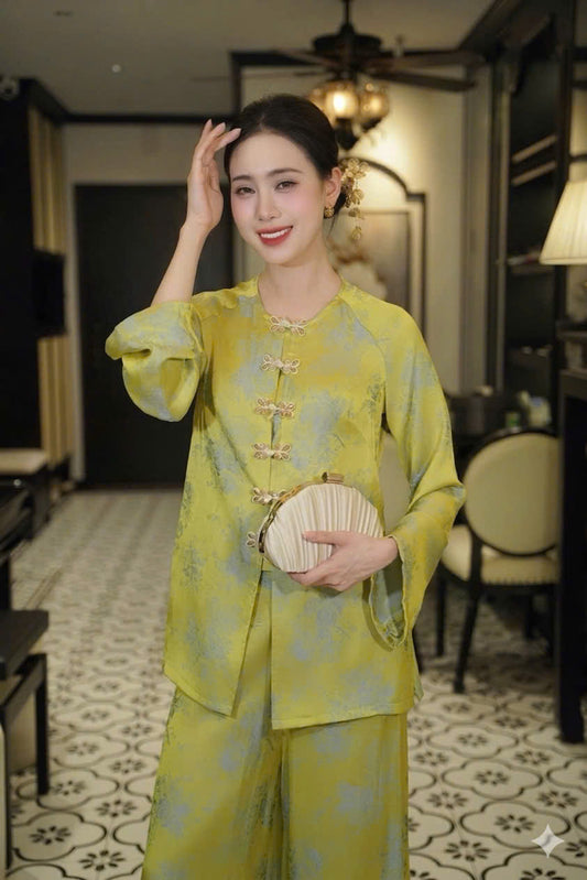 BB178 3914 quần ống rộng - Set bà ba lụa silk óng màu cốm