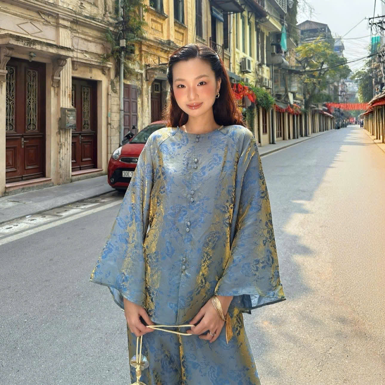BB182 3915 - Set bà ba lụa tằm ánh kim tencel màu xám xanh