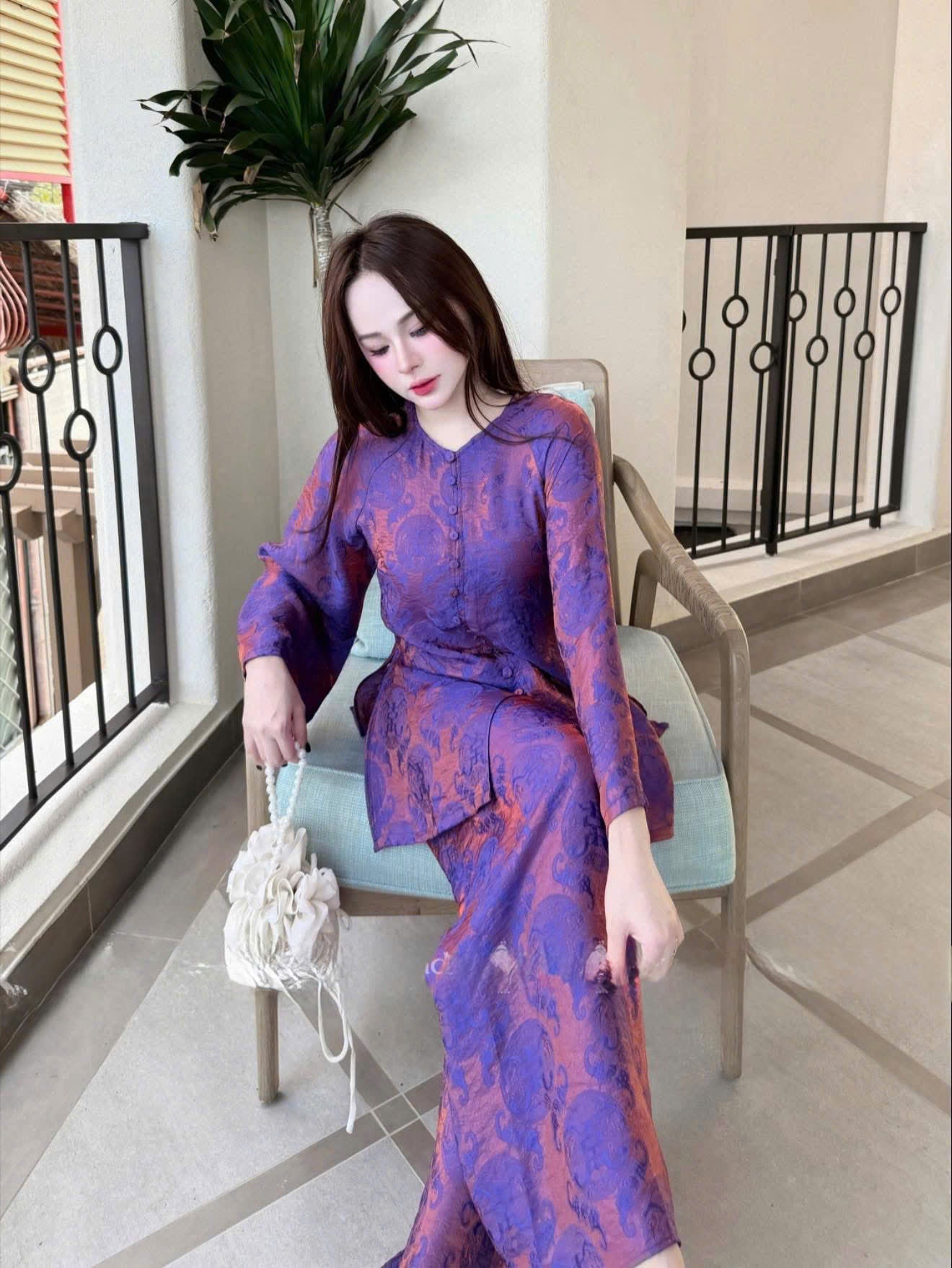 BB185 3917 - Set bà ba lụa tằm ánh kim tencel thọ dơi màu tím