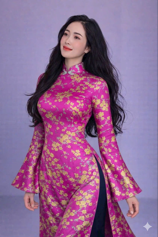 H707 3929 Áo only no pants - Áo dài dáng truyền thống chiết li eo lụa gấm tuyết mai màu hồng sen