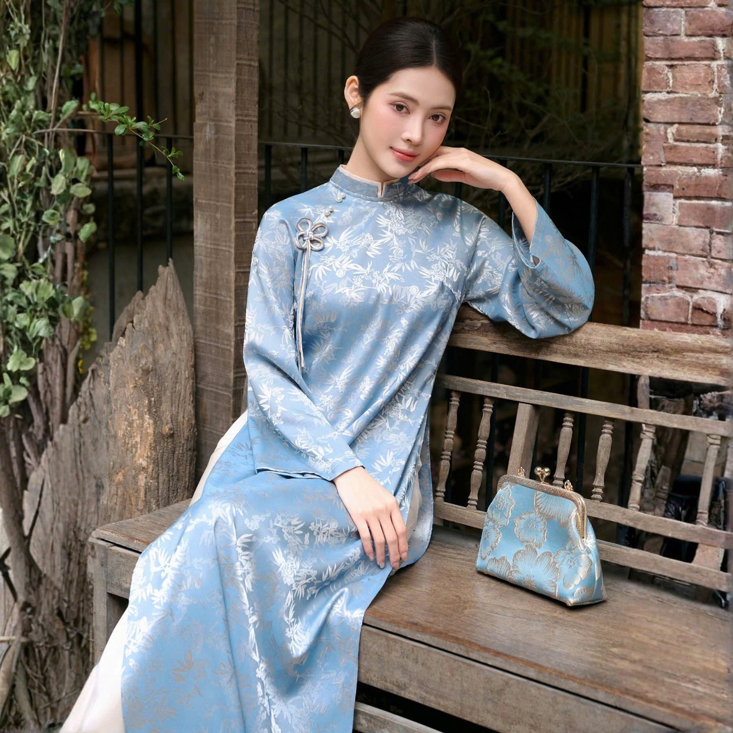 M5610 3965 Áo Only No pants - Áo dài dáng suông lụa gấm trúc