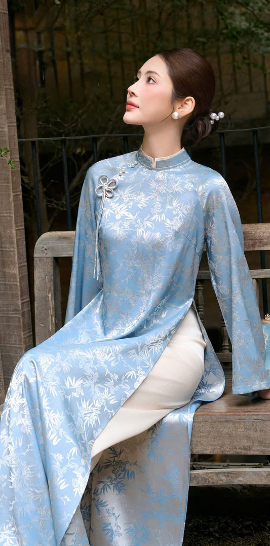 M5610 3965 Áo Only No pants - Áo dài dáng suông lụa gấm trúc