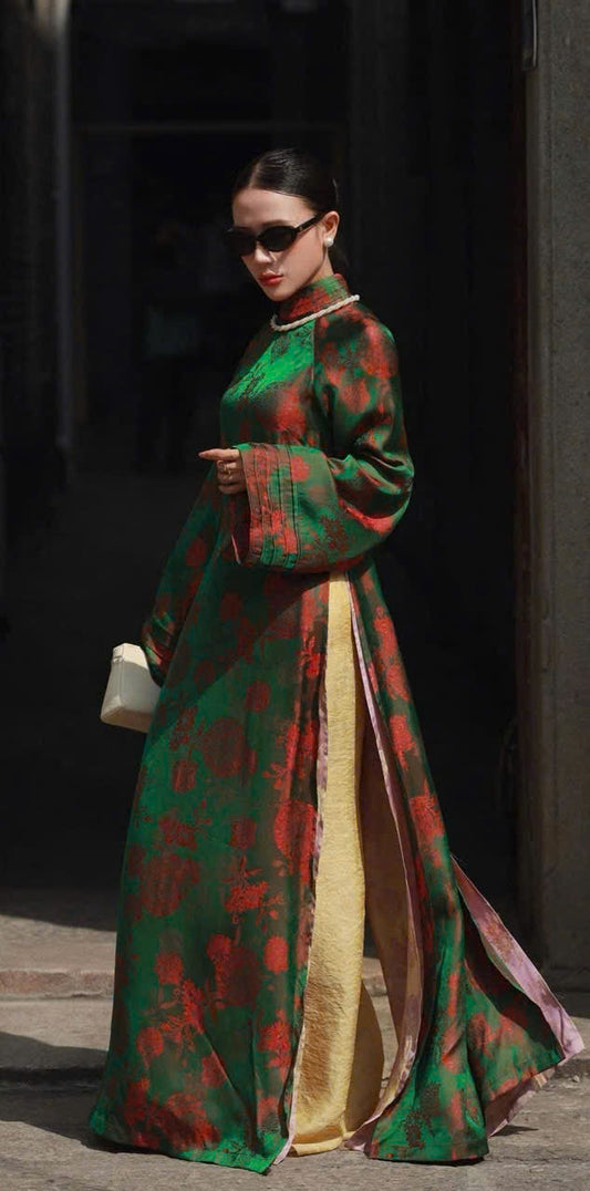 M566 Áo + quần tằm - Áo dài dáng suông 4 tà lụa tằm màu xanh lá