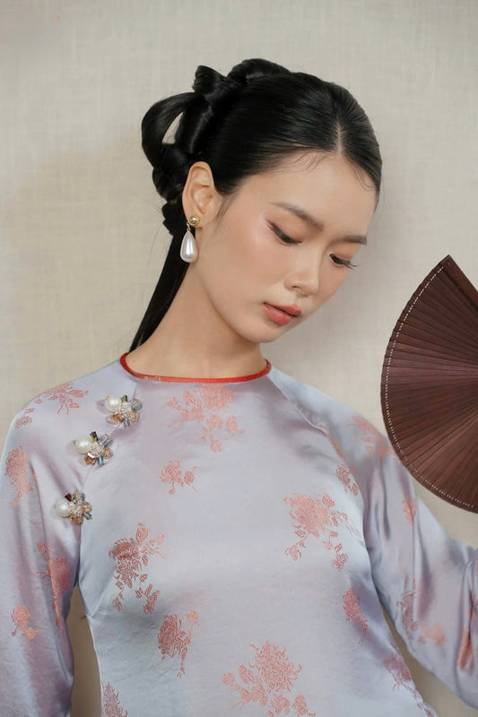 M563 3936 Áo + quần cùng chất - Áo dài dáng suông lụa 2 da hoa cúc