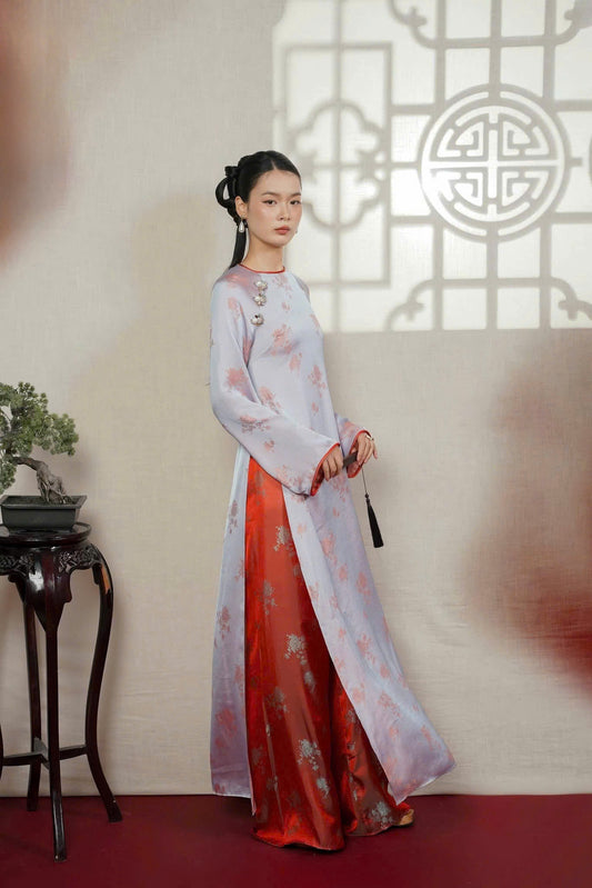 M563 Áo + quần cùng chất - Áo dài dáng suông lụa 2 da hoa cúc