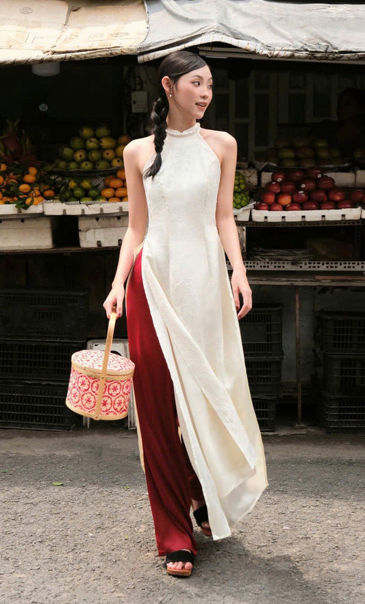 Y05 Yếm + quần lụa - Yếm 4 tà lụa gấm châu sa màu trắng