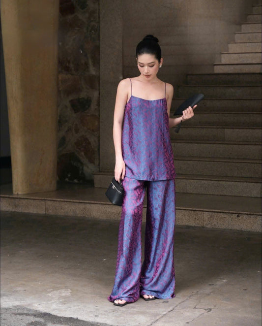 Y08 - Set đồ bộ áo 2 dây + quần lụa nha xá lông công màu tím