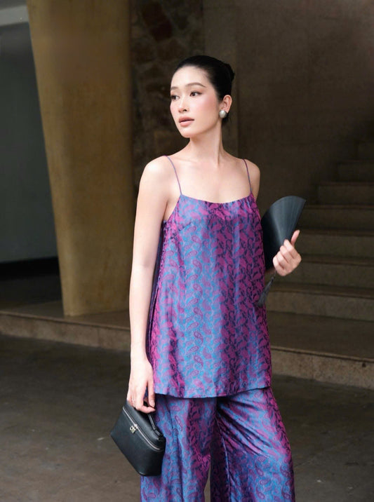 Y08 - Set đồ bộ áo 2 dây + quần lụa nha xá lông công màu tím