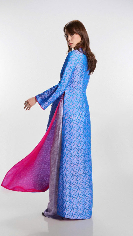 HD131 Áo + quần nha xá - Áo dài dáng suông lụa nha xá lót tơ 4 tà may theo kỹ thuật dính liền tà