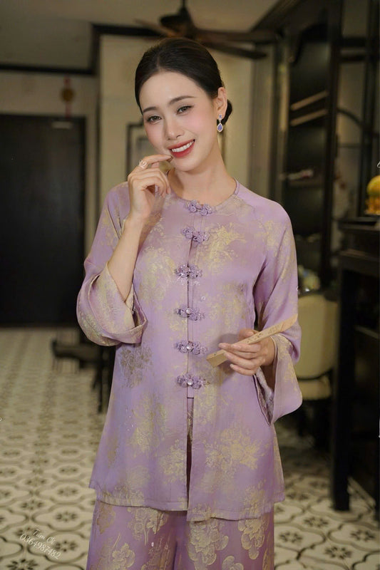 BB177 3947 - Set bà ba lụa silk óng màu tím cà