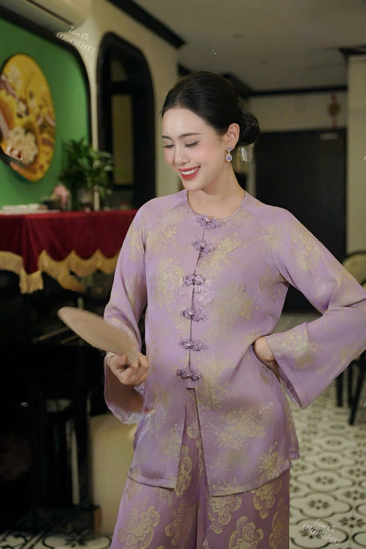 BB177 3947 - Set bà ba lụa silk óng màu tím cà