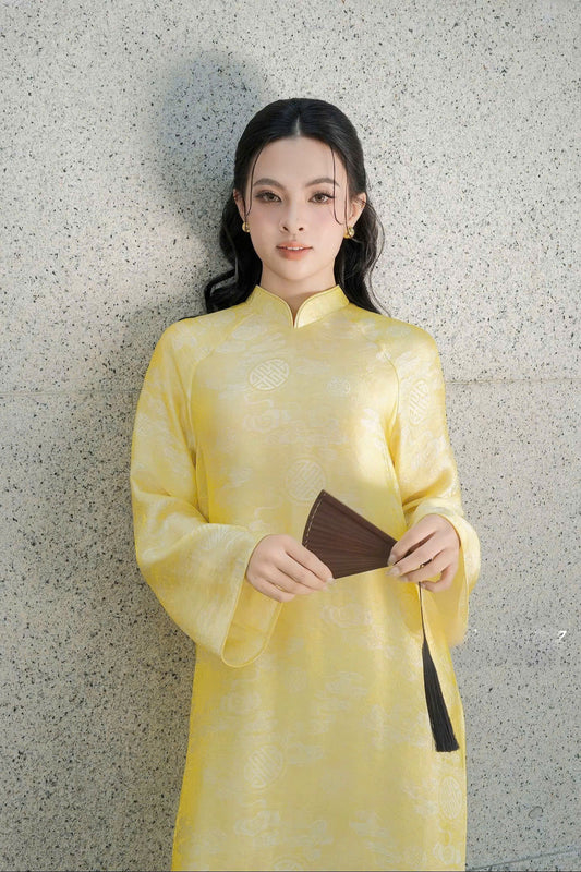 M567 3978 Áo + quần cùng chất - Áo dài dáng suông 2 tà tằm ánh kim tencel màu vàng
