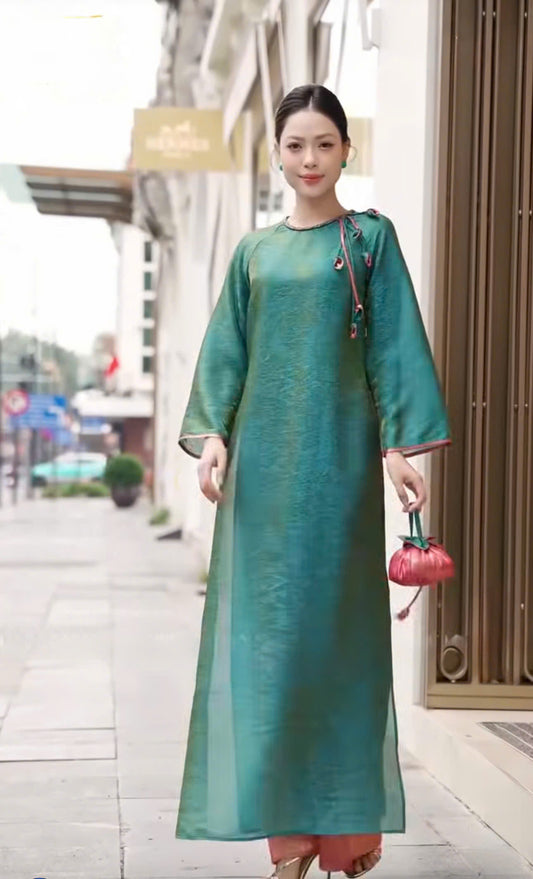 M569 4007 Áo + quần tằm - Áo dài dáng suông 2 tà lụa tằm ánh kim tencel