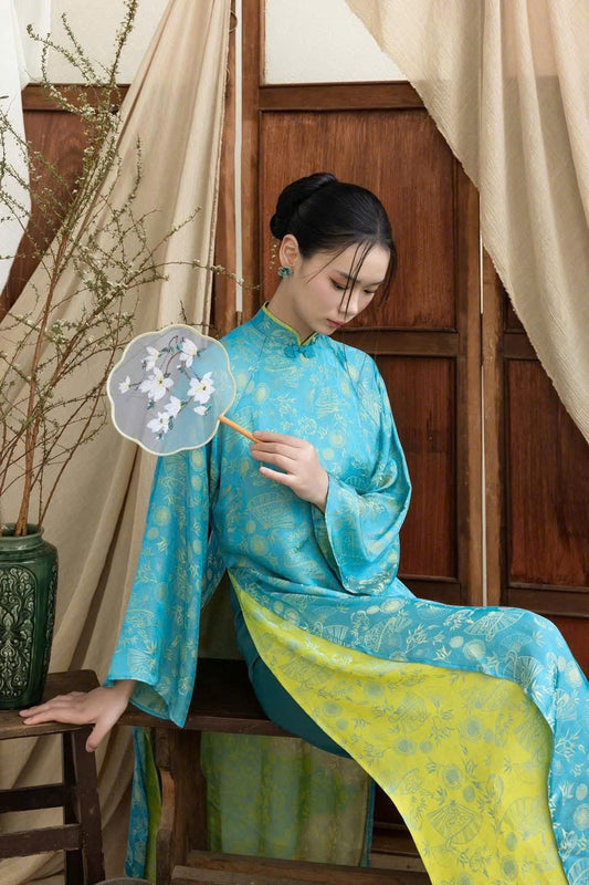 H731 4008 Áo only no pants - Áo dài dáng suông 4 tà màu xanh blue