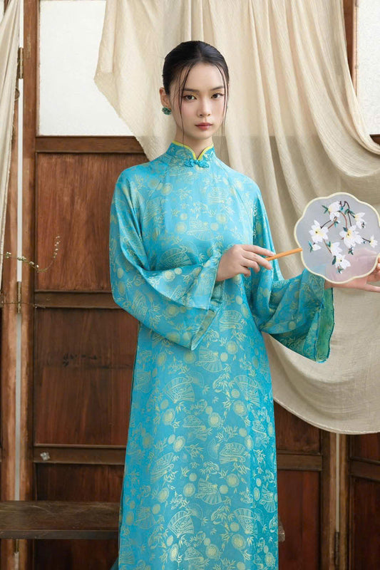H731 4008 Áo only no pants - Áo dài dáng suông 4 tà màu xanh blue