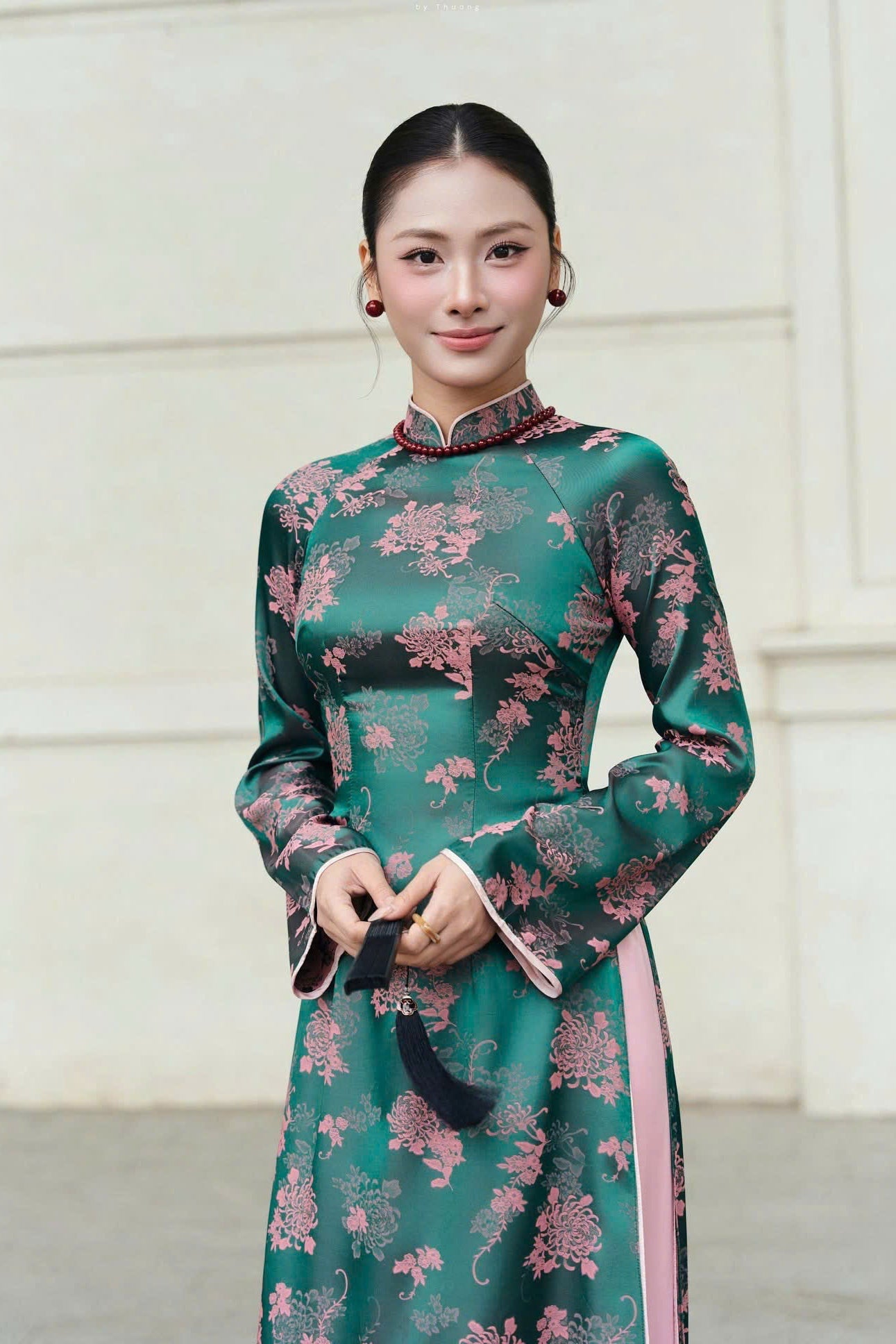 H735 4053 Áo only no pants - Áo dài dáng truyền thống chiết li eo màu xanh ánh hồng 2 tà