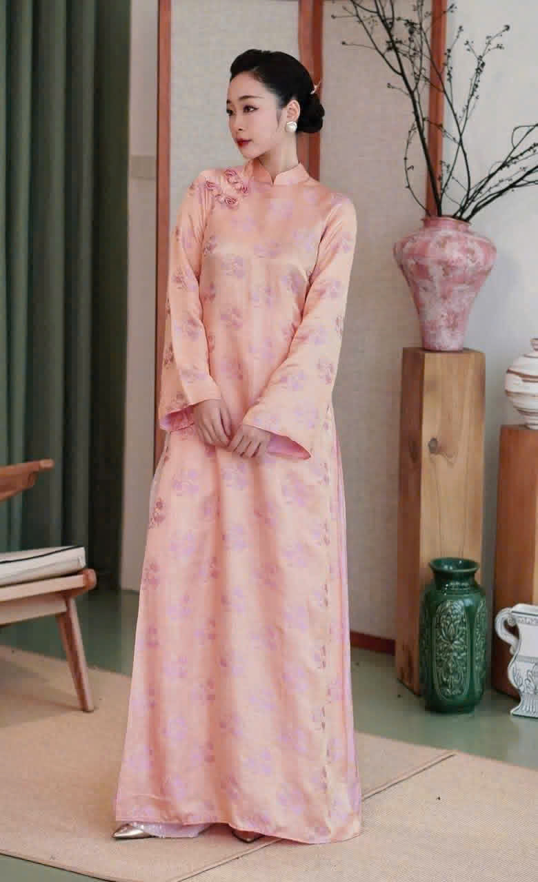 H736 4055 Áo only no pants - Áo dài dáng suông 2 tà lụa tằm thọ màu hồng