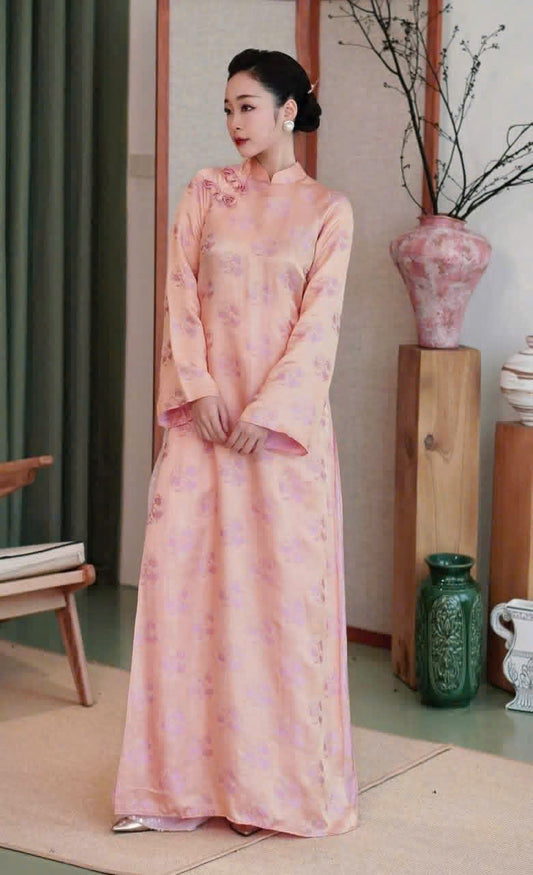 H736 4440 Áo only no pants - Áo dài dáng suông 2 tà lụa tằm thọ màu hồng