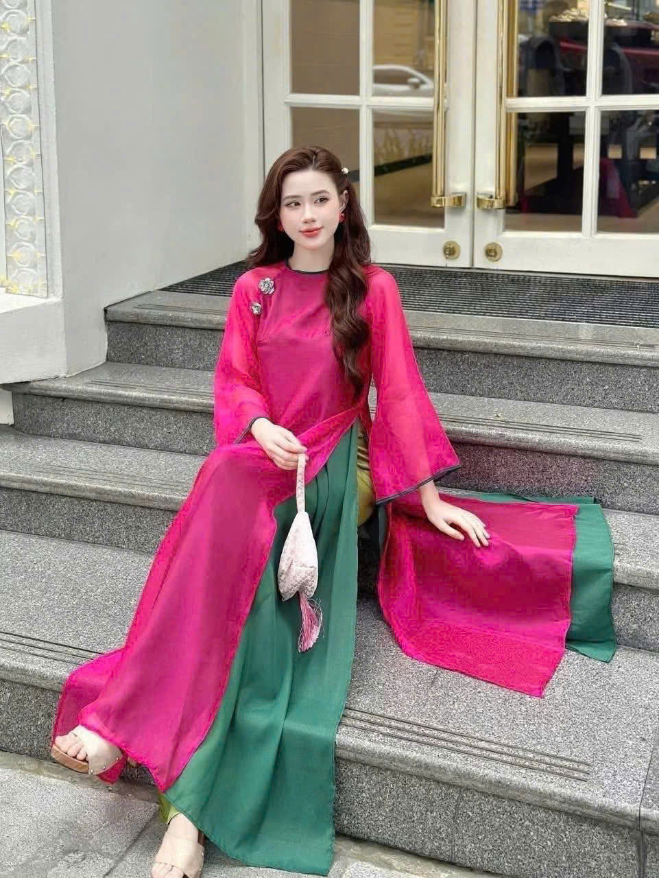 H762 4067 Áo only no pants - Áo dài dáng suông 4 tà tơ óng màu hồng