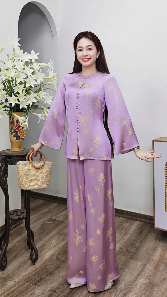 BB202 4081 - Set bà ba lụa tằm 2 da màu tím cà