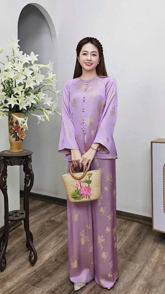 BB202 4081 - Set bà ba lụa tằm 2 da màu tím cà