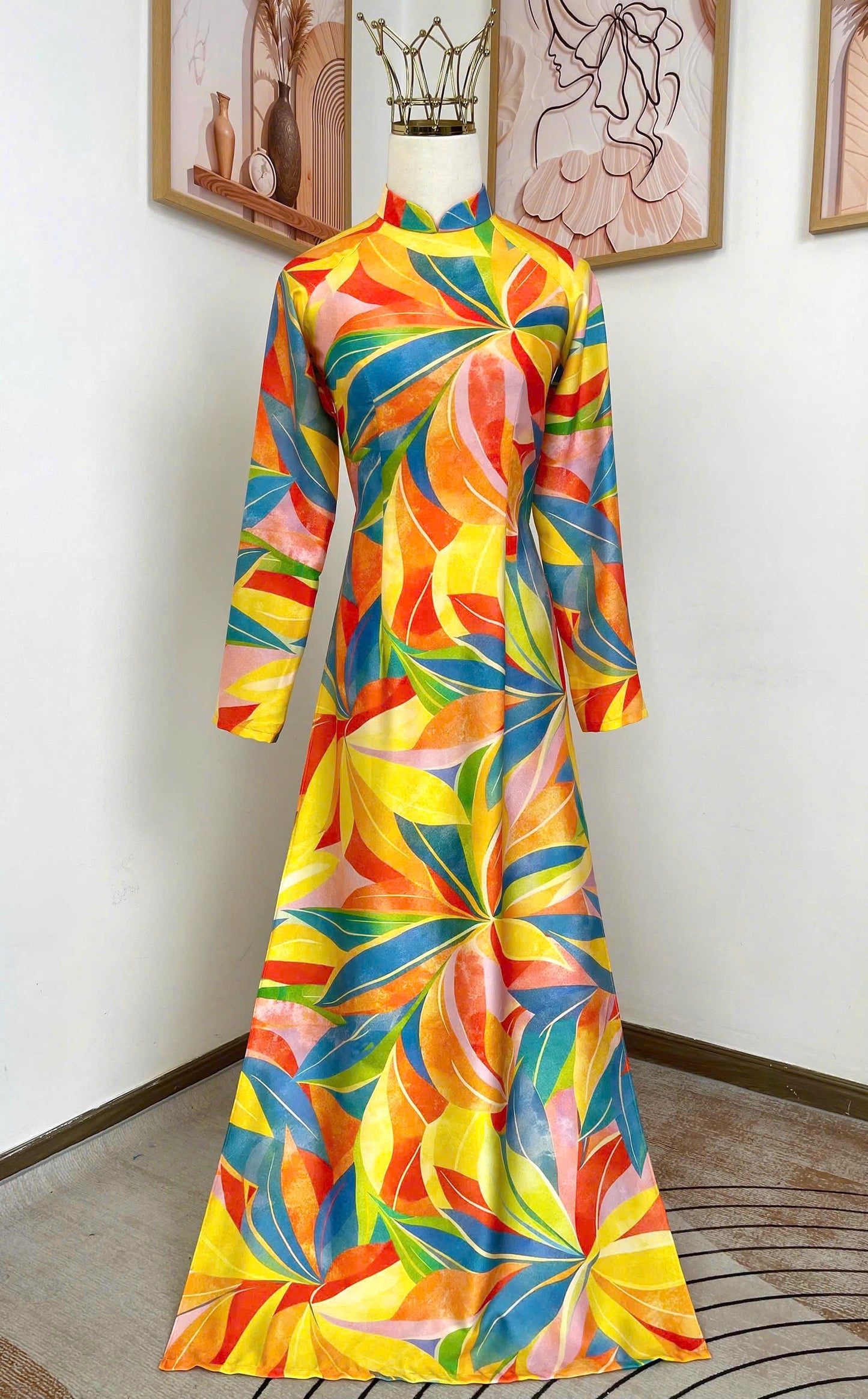H743 4090 Áo only no pants - Áo dài truyền thống chiết li eo hoa vàng