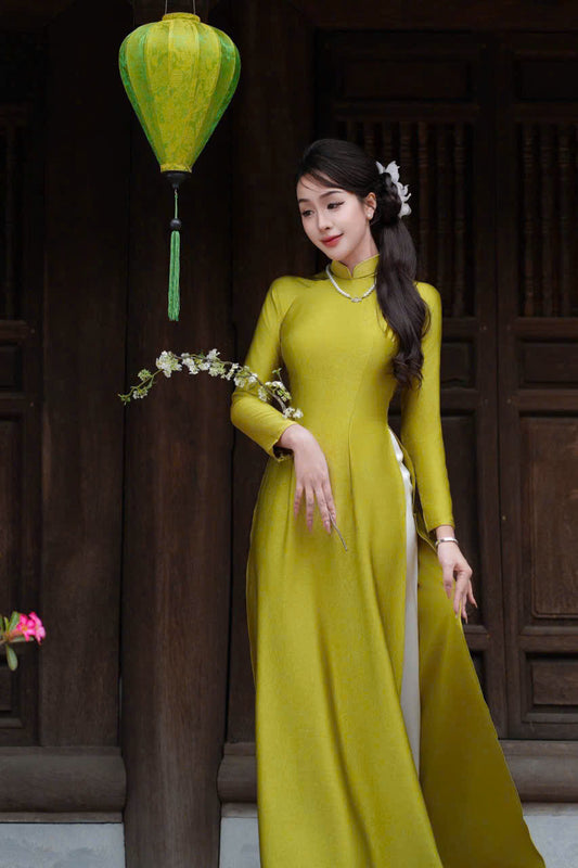 H755 4093 Áo only no pants - Áo dài dáng truyền thống chiết li eo lụa hà lan màu cốm