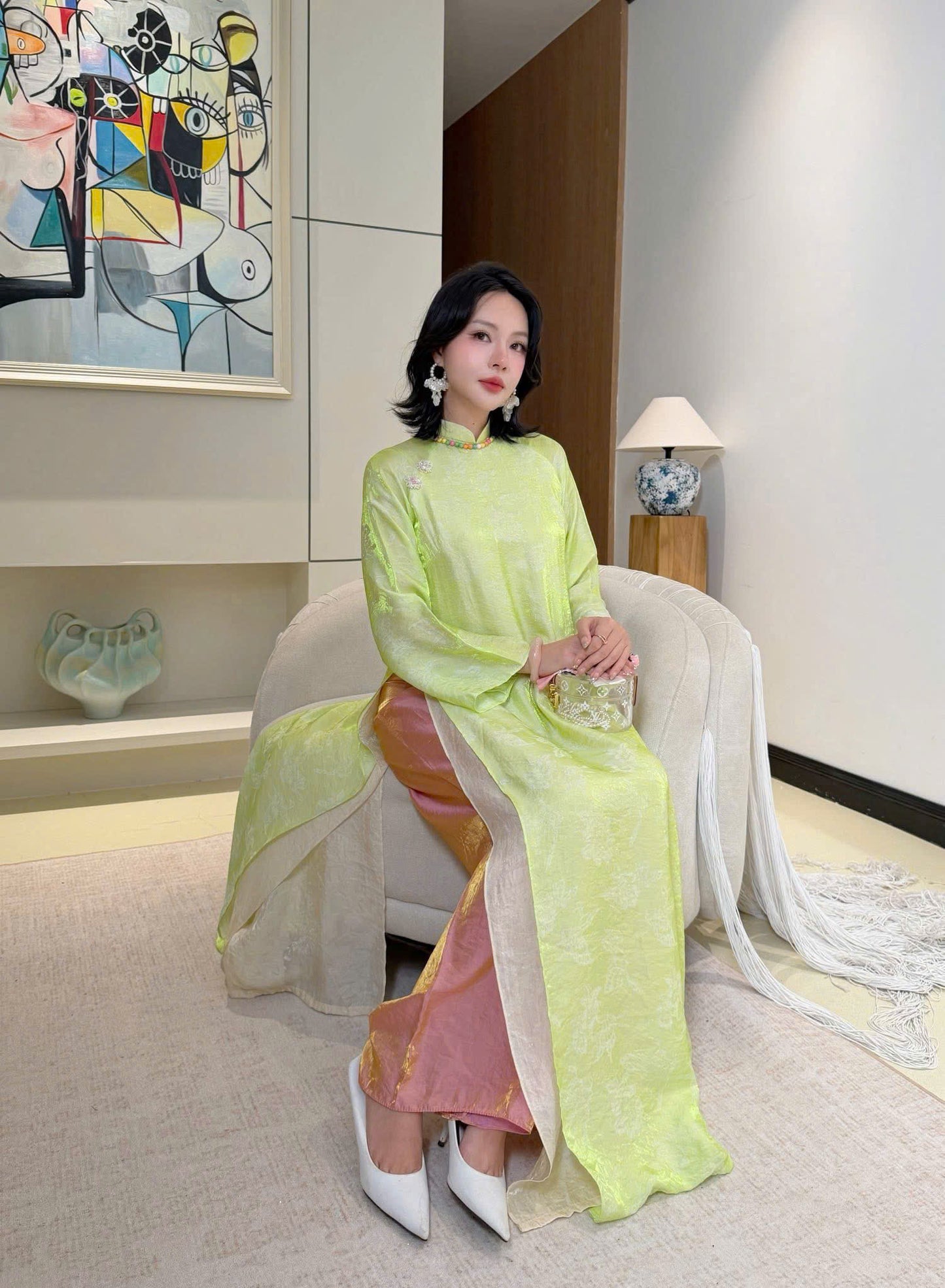 M574 4096 Áo + quần tằm - Áo dài dáng suông 4 tà tằm ánh kim tencel