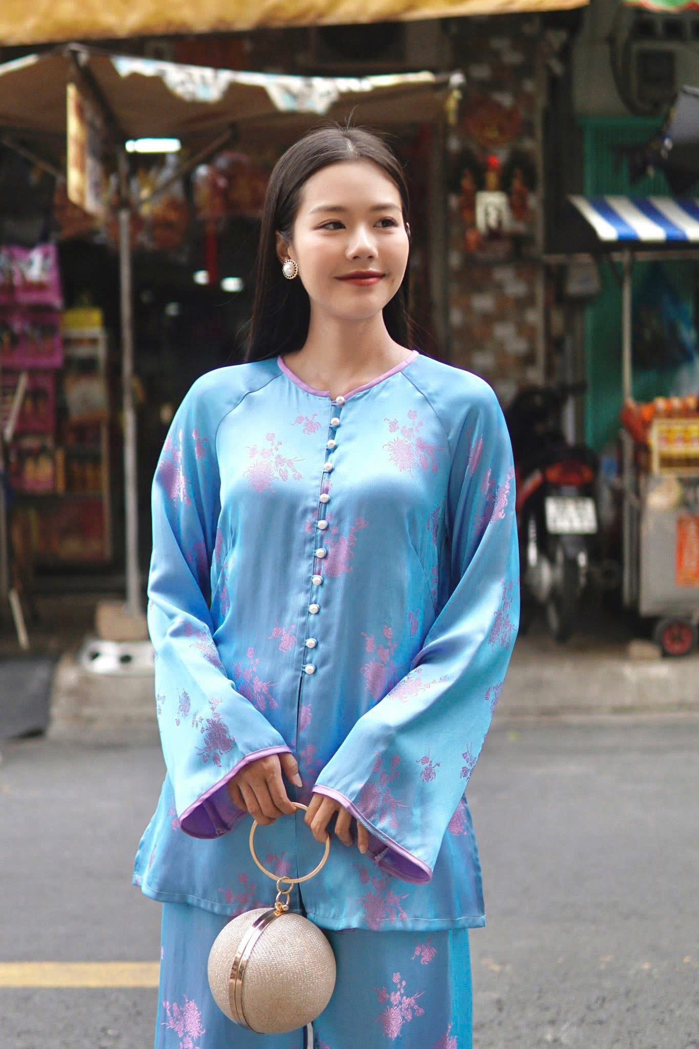 BB206 4097 - Set bà ba lụa tằm 2 da xanh ánh tím